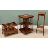REPRODUCTION MAHOGANY REVOLVING BOOKSTAND with inlay, 79 x 48cms, a similar style Canterbury and a