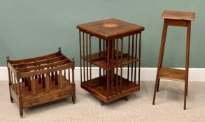 REPRODUCTION MAHOGANY REVOLVING BOOKSTAND with inlay, 79 x 48cms, a similar style Canterbury and a