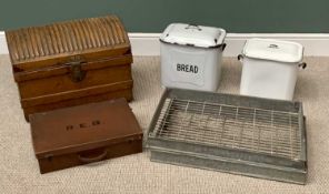 VINTAGE ASSORTMENT - to include galvanised metal racks 'Champion' (2), a metal dome top trunk, 46cms