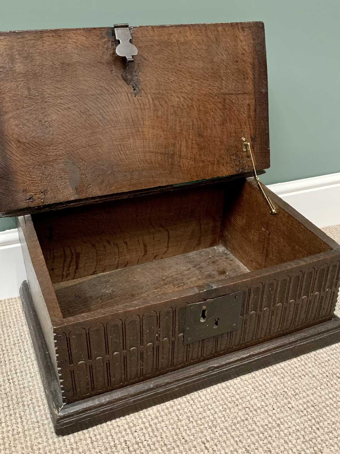 ANTIQUE WELSH OAK BIBLE BOX - initialled 'E M', 28cms H, 61cms W, 44cms D, with folding hymn shelf - Image 2 of 4