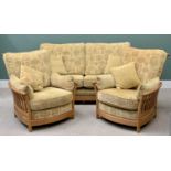 ERCOL LIGHT WOOD 3 PIECE LOUNGE SUITE - comprising sofa, 97cms H, 190cms W, 60cms D and a pair of