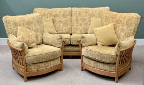 ERCOL LIGHT WOOD 3 PIECE LOUNGE SUITE - comprising sofa, 97cms H, 190cms W, 60cms D and a pair of