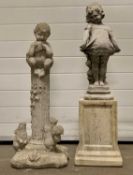 GARDEN STONEWARE - to include a square stepped column plinth supporting a figure of a Shirley Temple
