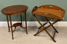 VINTAGE OAK BUTLER'S TRAY ON STAND - 76cms H, 72cms W, 48cms D and a mahogany two-tier oval top