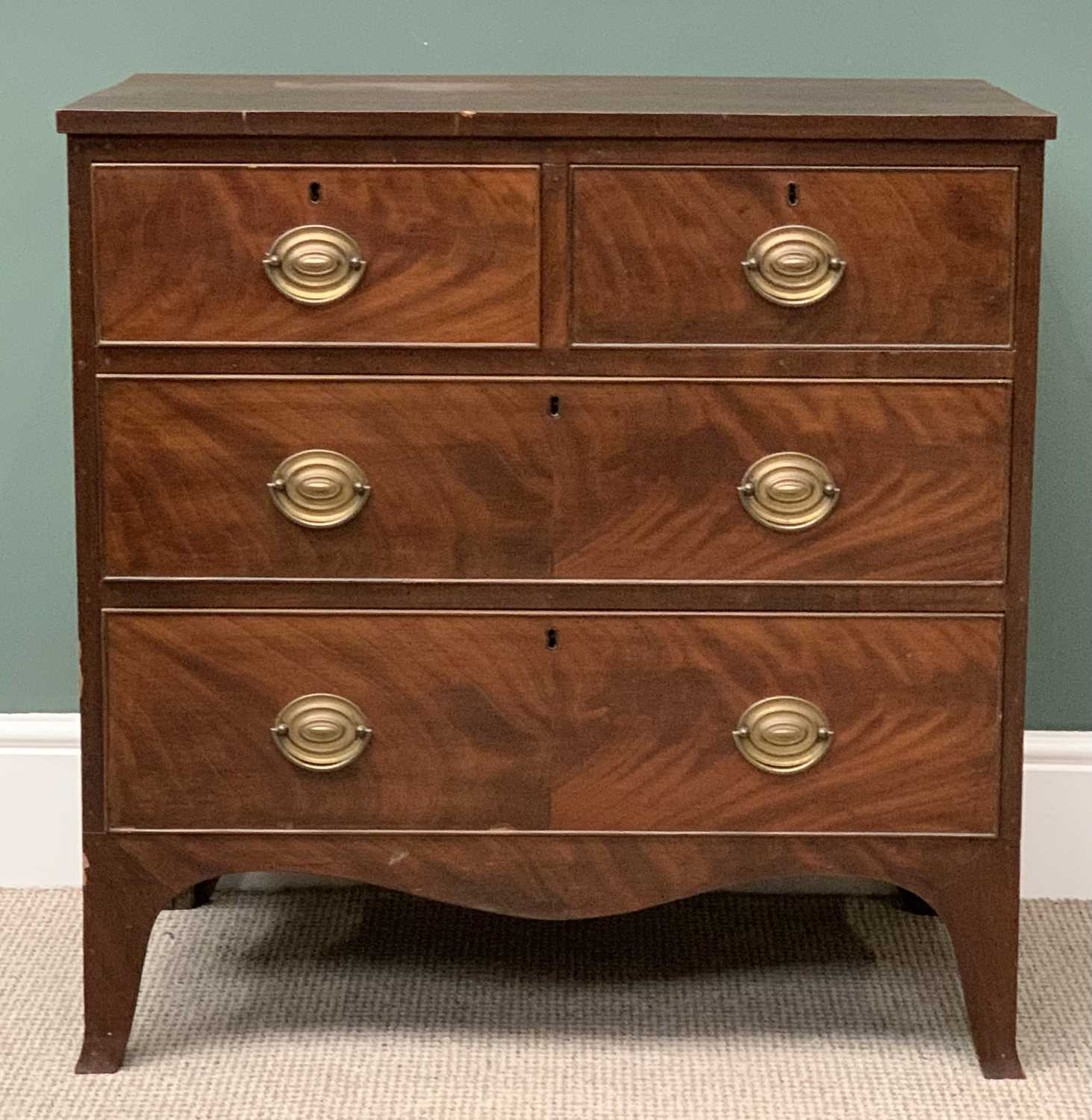 CIRCA 1900 MAHOGANY CHEST OF TWO SHORT OVER TWO LONG DRAWERS - with brass oval plates and drop