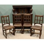 GILLOWS VINYL SEATED CHAIRS - 98cms H, 48cms W, 40cms D and a similar era oak buffet sideboard,