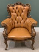 ANTIQUE FRENCH STYLE LEATHER EFFECT BUTTONED BACK ORNATE ARMCHAIR, 106cms H, 86cms W, 49cms D
