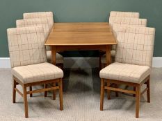 MID CENTURY TYPE TEAK EXTENDING DINING TABLE & 6 CHAIRS - labelled "Alfred Cox", 73cms H, 139/186cms