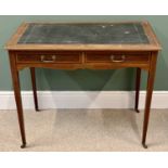 CIRCA 1900 LINE INLAID MAHOGANY KNEEHOLE DESK with tooled leather effect top, inlay detail and