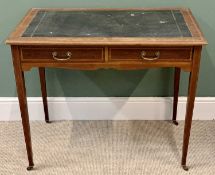 CIRCA 1900 LINE INLAID MAHOGANY KNEEHOLE DESK with tooled leather effect top, inlay detail and