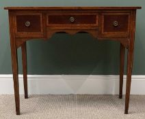 VICTORIAN MAHOGANY KNEEHOLE WRITING DESK with crossbanding detail, three drawers and on tapered