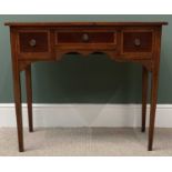 VICTORIAN MAHOGANY KNEEHOLE WRITING DESK with crossbanding detail, three drawers and on tapered