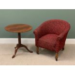 GEORGE IV MAHOGANY CIRCULAR TILT TOP TABLE, 68cms H, 66cms diameter and an UPHOLSTERED TUB CHAIR, on