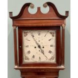 CIRCA 1830 OAK & MAHOGANY LONGCASE CLOCK having a 13ins square painted enamel dial with eight day