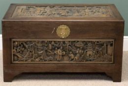 CHINESE CARVED CAMPHORWOOD CHEST, 58cms H, 103cms W, 52cms D