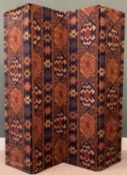 VINTAGE FABRIC COVERED & STUDDED FOUR FOLD DRESSING SCREEN, 169cms H, 160cms W