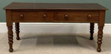 VINTAGE MAHOGANY LONG JOHN COFFEE TABLE with two drawers, turned wooden knobs and on turned