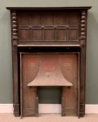 ANTIQUE OAK FIRE SURROUND with overmantel shelf and embossed copper hooded insert, 190cms H,