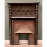 ANTIQUE OAK FIRE SURROUND with overmantel shelf and embossed copper hooded insert, 190cms H,