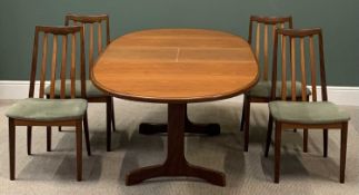 G-PLAN MID-CENTURY TEAK TYPE EXTENDING DINING TABLE & SET OF FOUR SLATBACK CHAIRS, 73cms H, 209cms