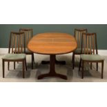 G-PLAN MID-CENTURY TEAK TYPE EXTENDING DINING TABLE & SET OF FOUR SLATBACK CHAIRS, 73cms H, 209cms