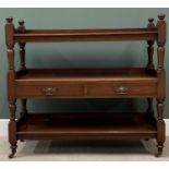 VICTORIAN MAHOGANY THREE TIER DUMB WAITER with two central drawers and on turned and block supports,