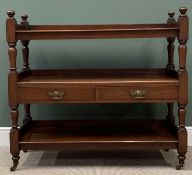 VICTORIAN MAHOGANY THREE TIER DUMB WAITER with two central drawers and on turned and block supports,