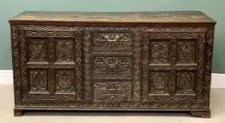 ANTIQUE SIDEBOARD - heavily carved oak with three central drawers flanked by two cupboard doors,
