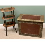 FRENCH INLAID ETAGERE - three tier, 80cms H, 40cms W, 28cms D and a REPOUSSE BRASS & LEATHER COVERED