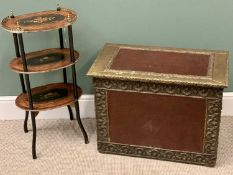 FRENCH INLAID ETAGERE - three tier, 80cms H, 40cms W, 28cms D and a REPOUSSE BRASS & LEATHER COVERED
