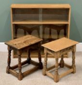 VINTAGE OAK STOOLS/SIDE TABLES, 48cms H, 46cms W, 31cms D (the largest) and a VINTAGE OAK BOOKCASE