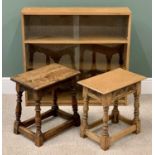 VINTAGE OAK STOOLS/SIDE TABLES, 48cms H, 46cms W, 31cms D (the largest) and a VINTAGE OAK BOOKCASE