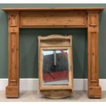 STAINED PINE FIRE SURROUND, 118cms H, 125cms W, 17cms D and a VINTAGE PINE MIRRORED BATHROOM