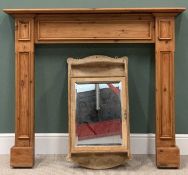 STAINED PINE FIRE SURROUND, 118cms H, 125cms W, 17cms D and a VINTAGE PINE MIRRORED BATHROOM