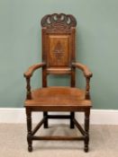 ANTIQUE OAK BARDIC TYPE ELBOW CHAIR, 114cms H, 56cms W, 43cms D