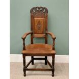 ANTIQUE OAK BARDIC TYPE ELBOW CHAIR, 114cms H, 56cms W, 43cms D