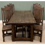 ANTIQUE REPRODUCTION OAK REFECTORY TABLE on a substantial base, 75cms H, 183cms W, 85cms D and a set