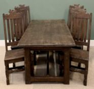 ANTIQUE REPRODUCTION OAK REFECTORY TABLE on a substantial base, 75cms H, 183cms W, 85cms D and a set