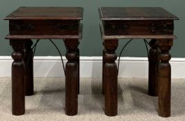 MODERN HARDWOOD SIDE TABLES, a pair with metal banding and square tops, on turned supports, 62cms H,