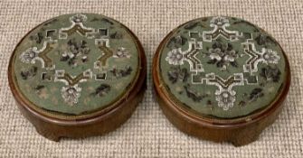 VICTORIAN WALNUT CIRCULAR FOOTSTOOLS, a pair, with beadwork tapestry tops and shaped base, 12cms