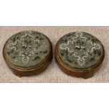 VICTORIAN WALNUT CIRCULAR FOOTSTOOLS, a pair, with beadwork tapestry tops and shaped base, 12cms