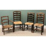 FARMHOUSE TYPE LADDERBACK CHAIRS (4) with rush seats, 98cms H, 48cms W, 36cms D the largest