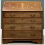 EDWARDIAN MAHOGANY BUREAU with garland inlay, crossbanding and having four drawers, on bracket feet,