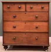 VICTORIAN MAHOGANY CHEST of two short over three long drawers with turned knobs and on bun feet