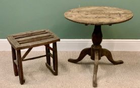 19th CENTURY OAK CIRCULAR & TILT TOP TRIPOD TABLE, 66cms H, 72cms diameter and a RUSTIC FOLDING