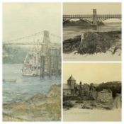 PAINTINGS & PRINTS - J R A SCOTNEY pencil sketches of Penmon Priory and Britannia Bridge,