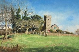 CHRISTOPHER HALL oil on board - Llangathen Church, Carmarthenshire, signed and dated 1995, 28 x
