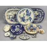 BLUE & WHITE TRANSFER WARE INDENTED MEAT PLATES, three delft beakers, ETC