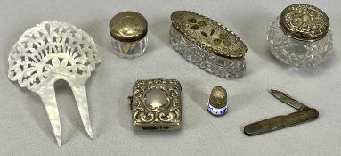 SMALL SILVER, WHITE METAL and other collectables group to include three silver topped glass dressing