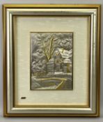 ITALIAN STERLING SILVER RELIEF PLAQUE FRAMED - depicting a house by a bridge with trees, 26 x 19.